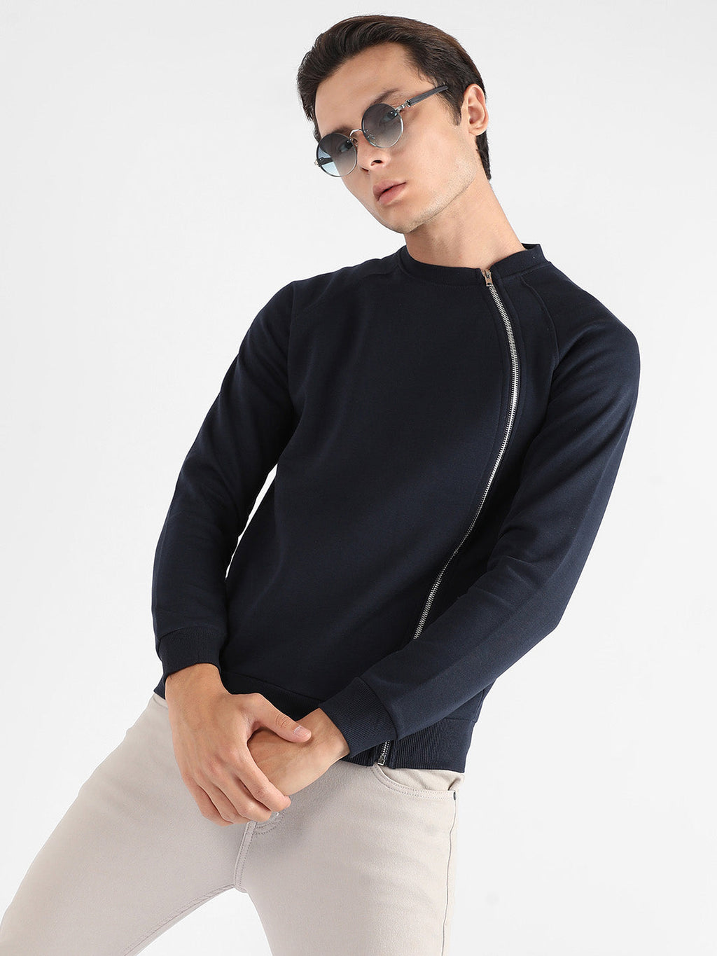 Campus Sutra Sweatshirt With Asymmetriclal Zip