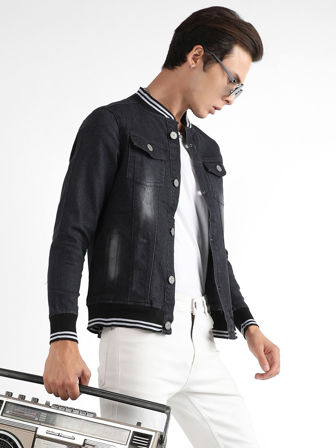 Campus Sutra Button-Front Denim Jacket With Contrast Striped Hem