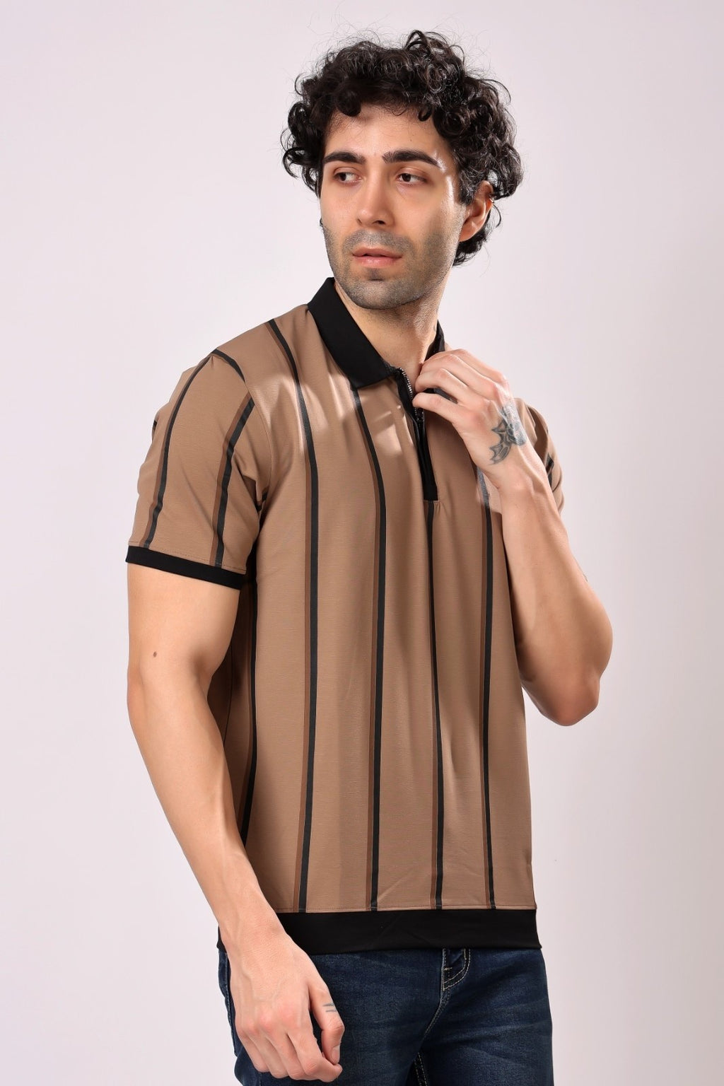 Stylox Men's Slim Fit Half Sleeve Casual Stripes T-Shirt with Zip Closure