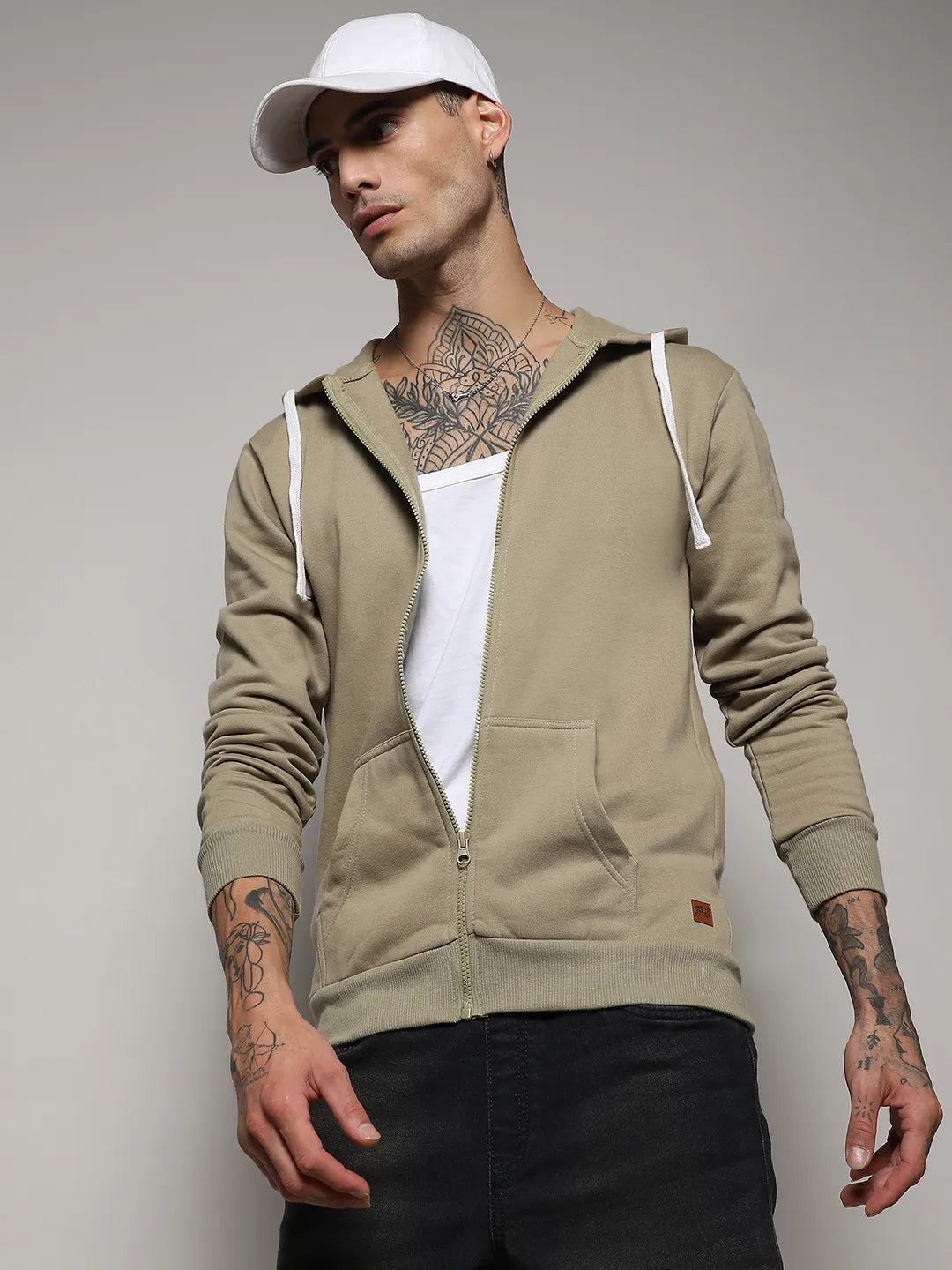 Campus Sutra Zip-Front Hoodie With Contrast Drawstring