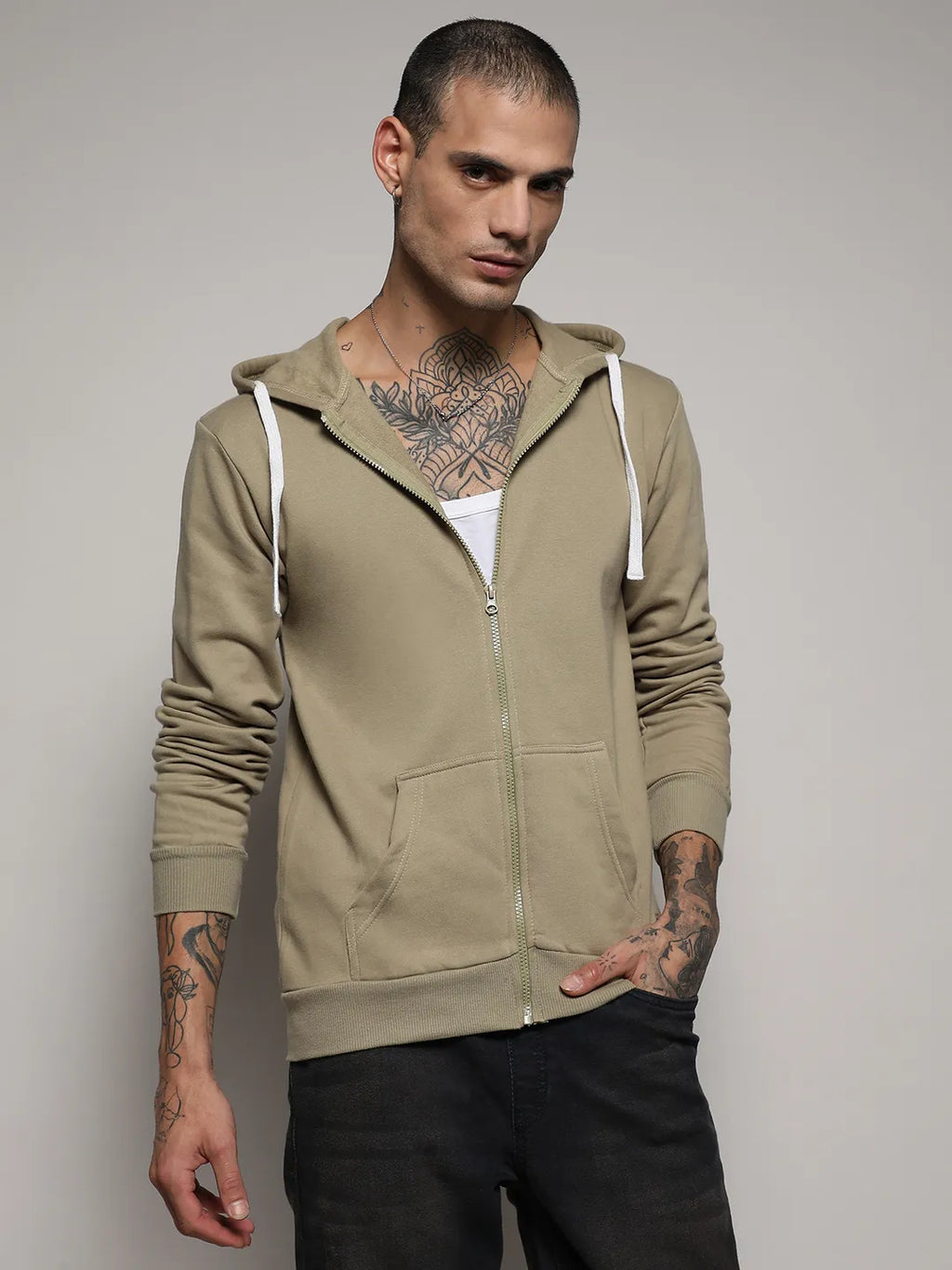 Campus Sutra Zip-Front Hoodie With Contrast Drawstring