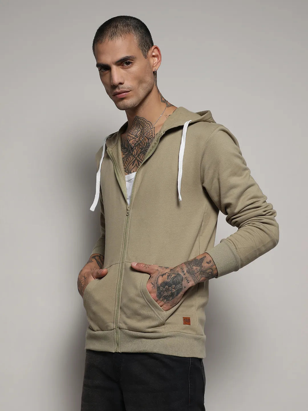 Campus Sutra Zip-Front Hoodie With Contrast Drawstring