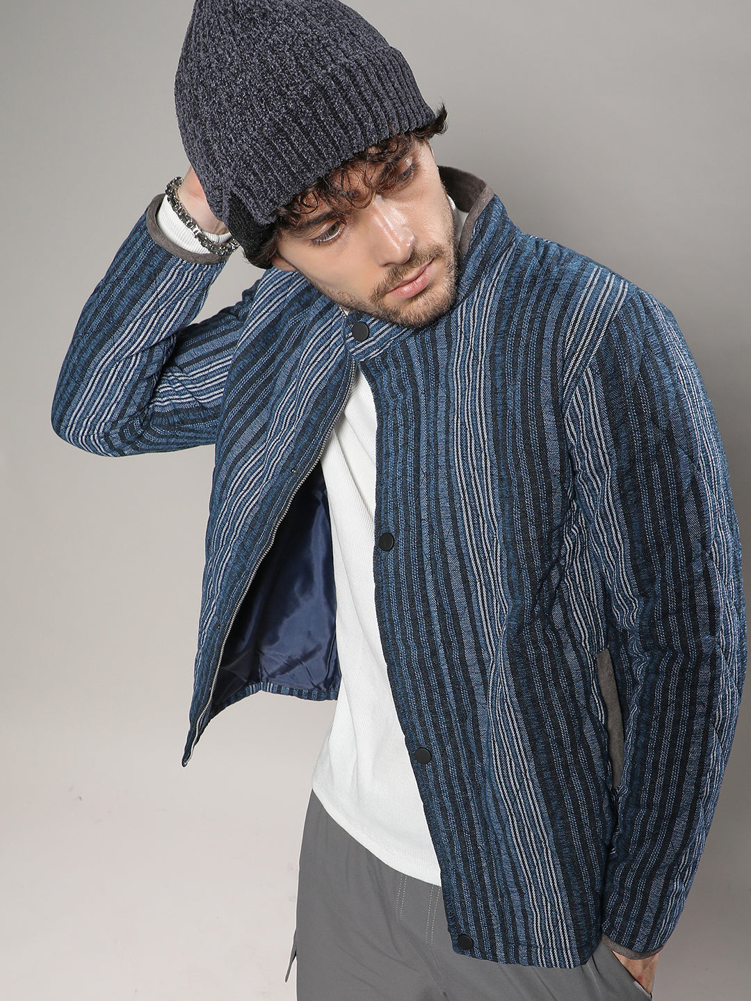 Campus Sutra Striped Quilted Bomber Jacket