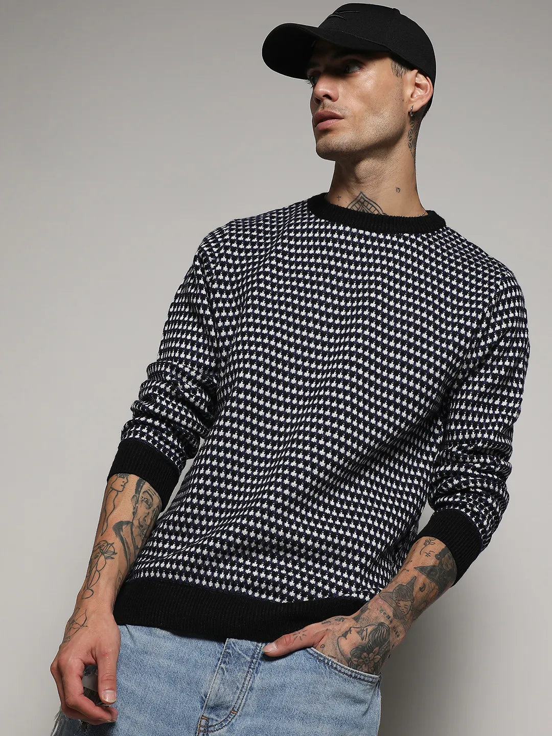 Campus Sutra Contrast Textured Knit Sweater