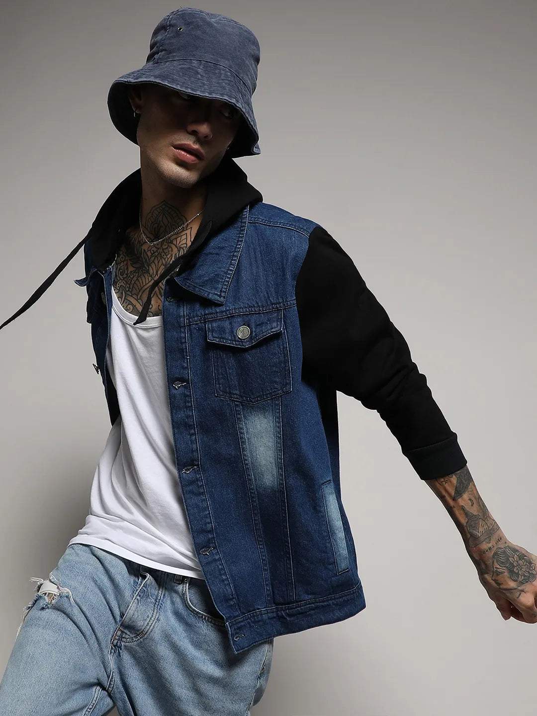 Campus Sutra Light-Wash Denim Jacket With Sweatshirt Sleeve