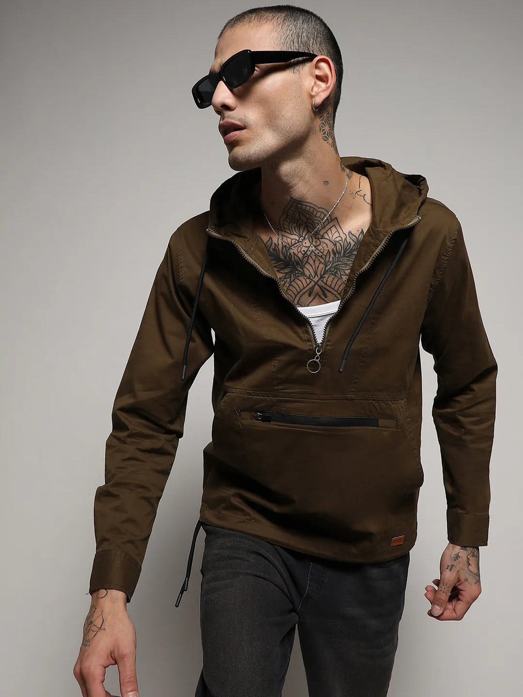 Campus Sutra Half-Zip Utility Jacket With Contrast Drawstring