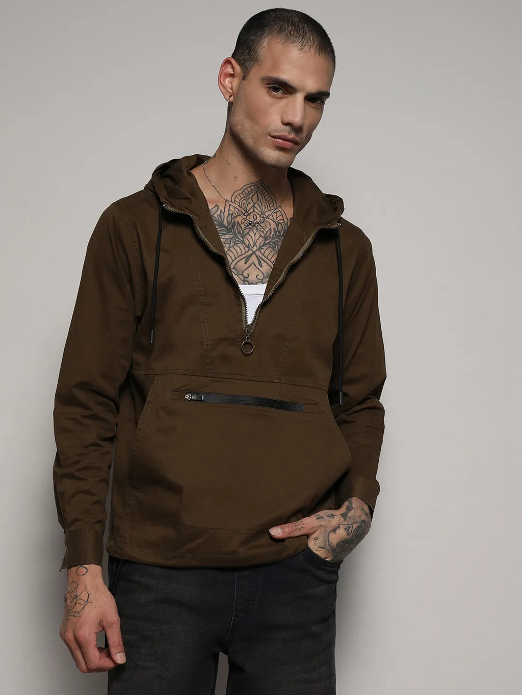 Campus Sutra Half-Zip Utility Jacket With Contrast Drawstring