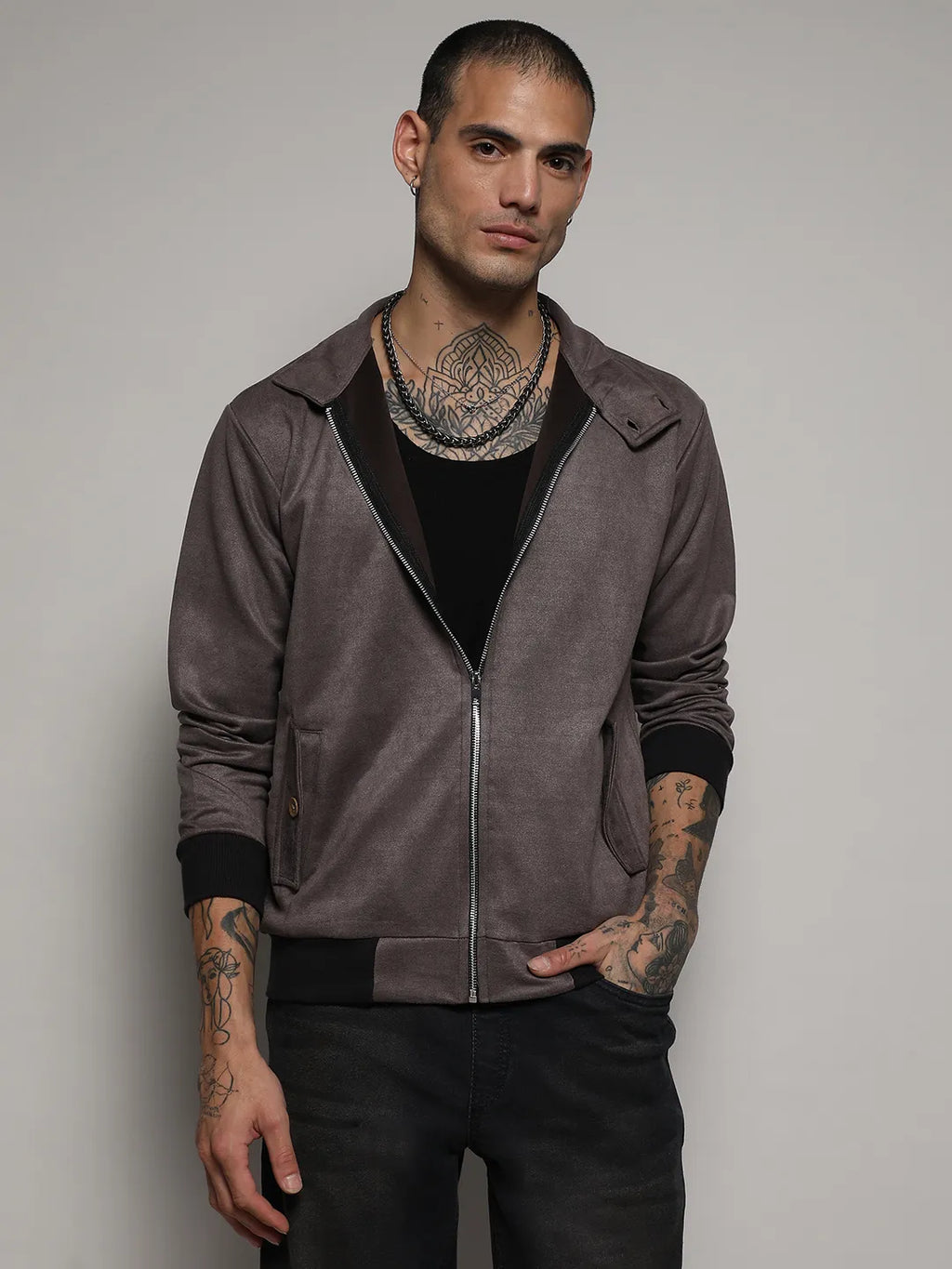 Campus Sutra Zip-Front Jacket With Ribbed Hem