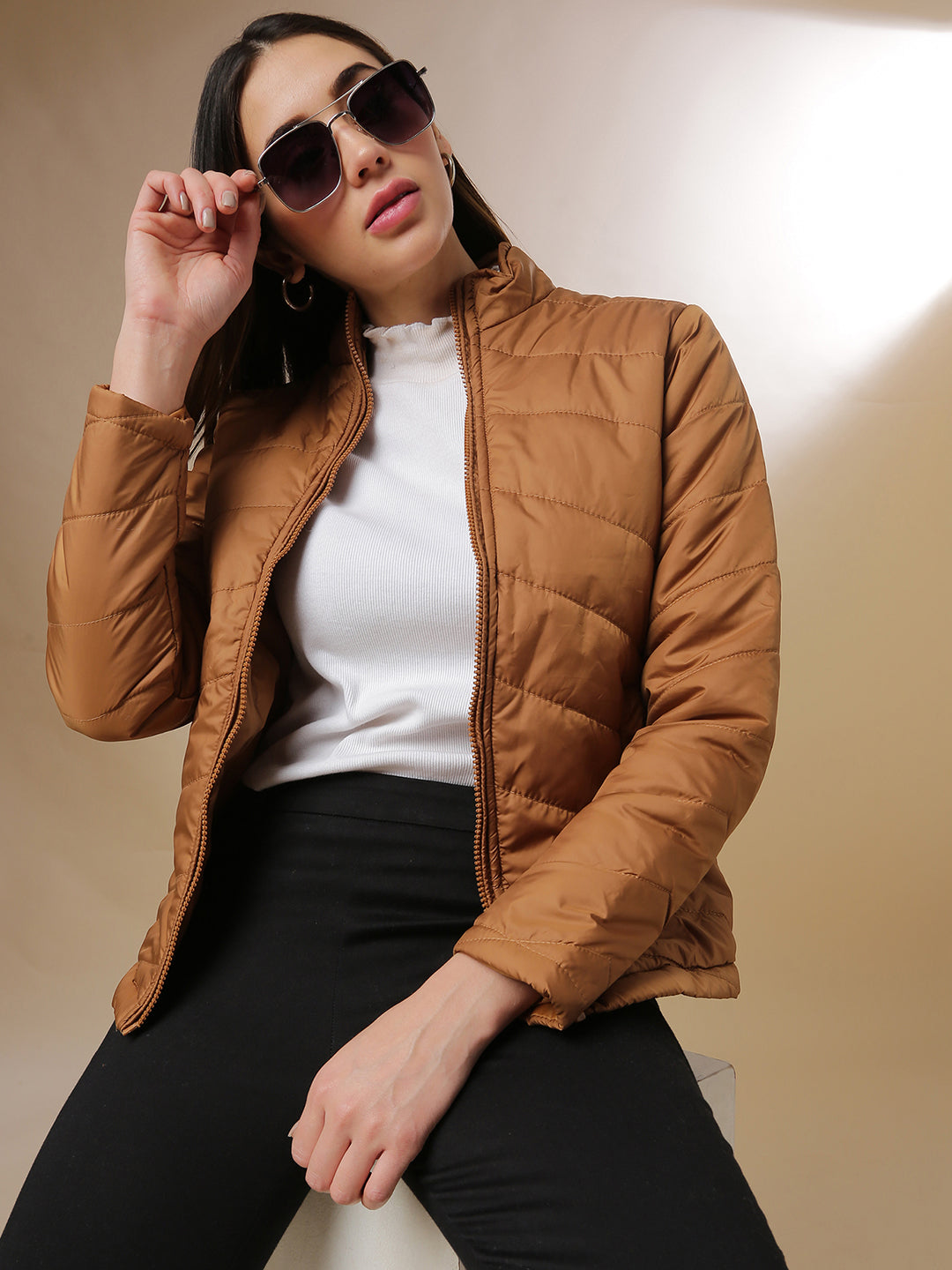 Quilted Puffer Jacket With Zip Closure