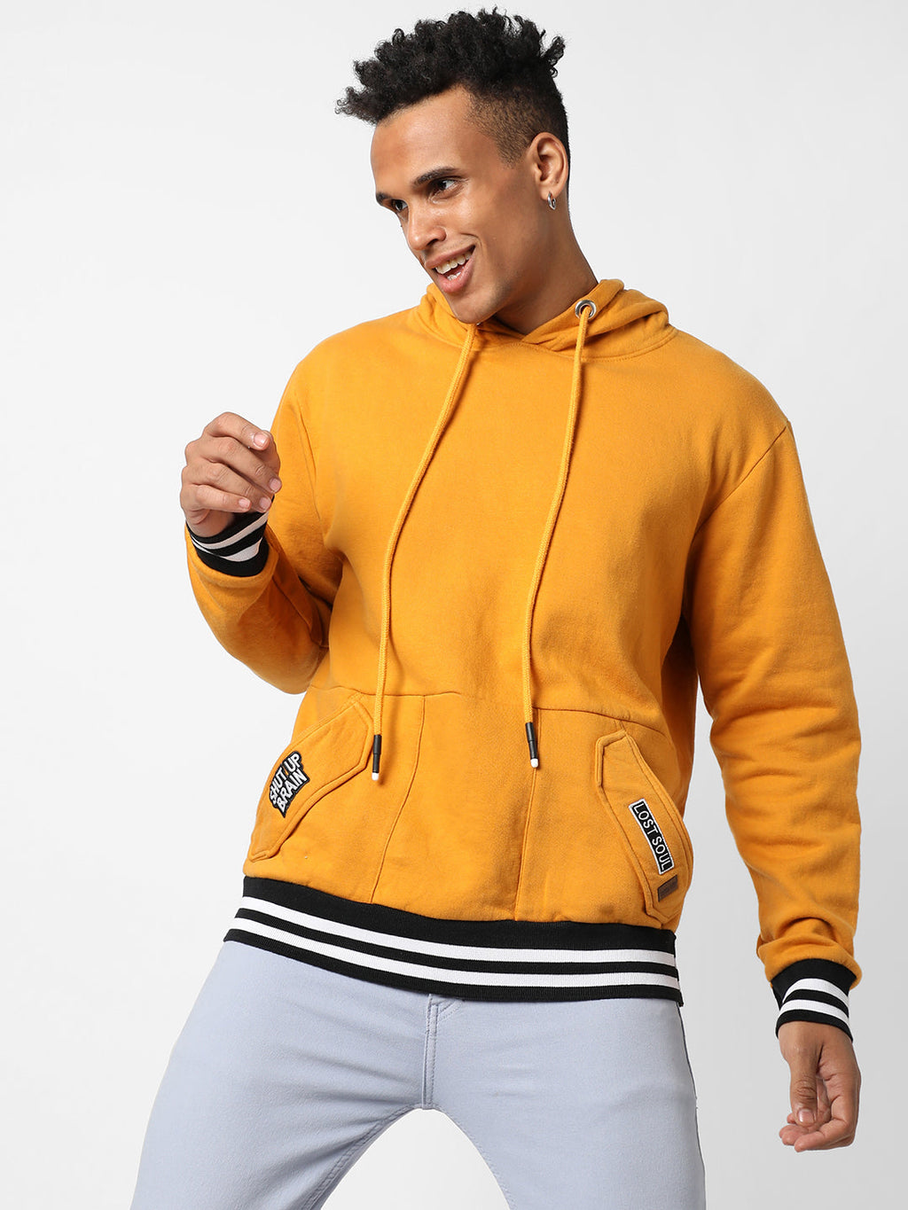 Campus Sutra Cotton Mustard Yellow Full Sleeve Sweatshirt With Hoodie Regular Relaxed Fit