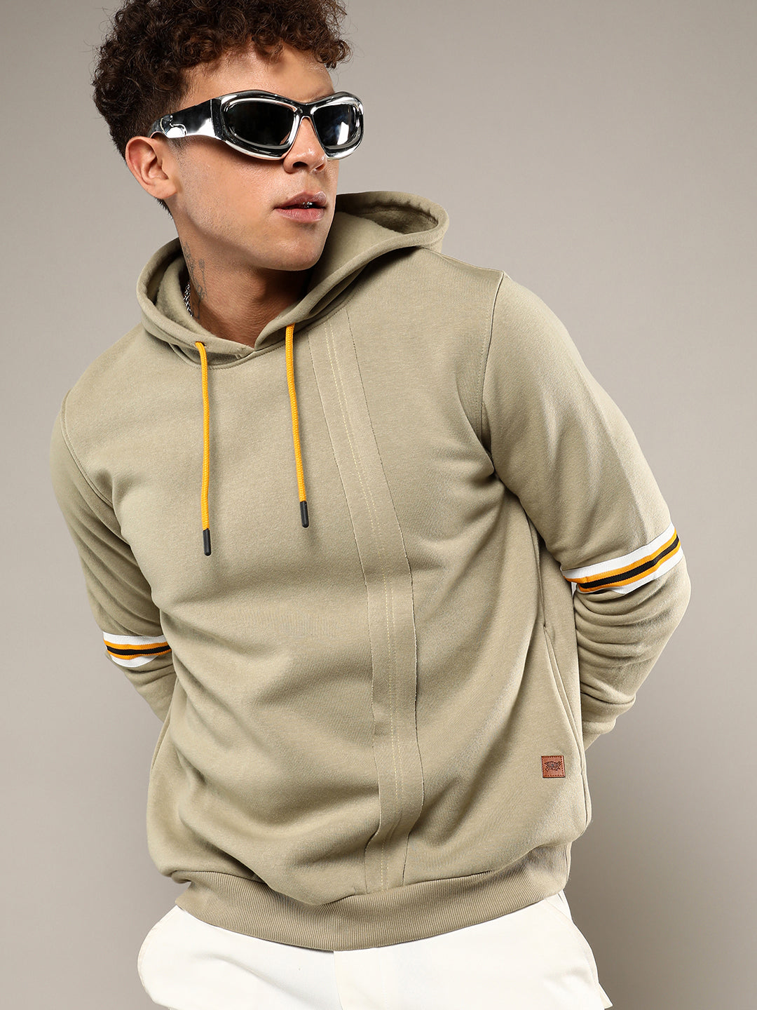 Campus Sutra Pullover Hoodie With Contrast Striped Sleeve