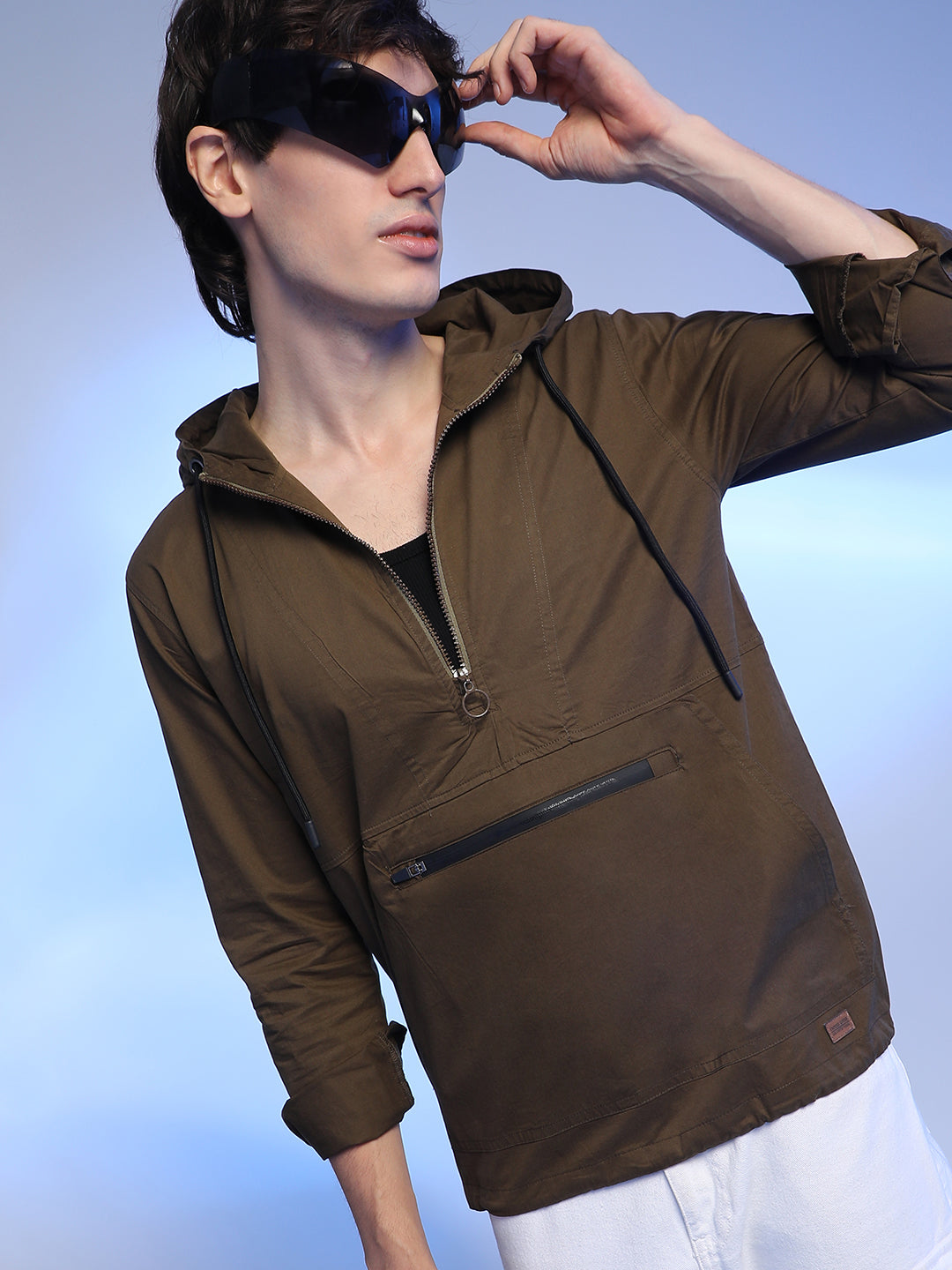 Campus Sutra Half-Zip Utility Jacket With Contrast Drawstring