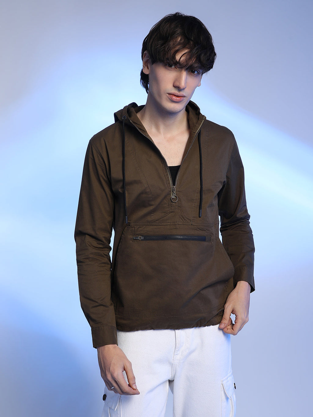 Campus Sutra Half-Zip Utility Jacket With Contrast Drawstring