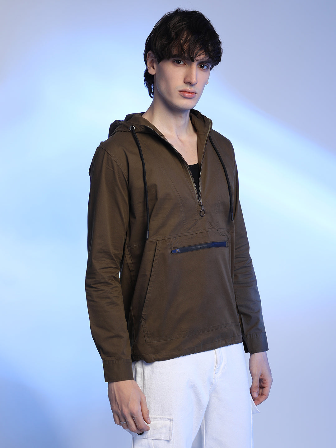Campus Sutra Half-Zip Utility Jacket With Contrast Drawstring