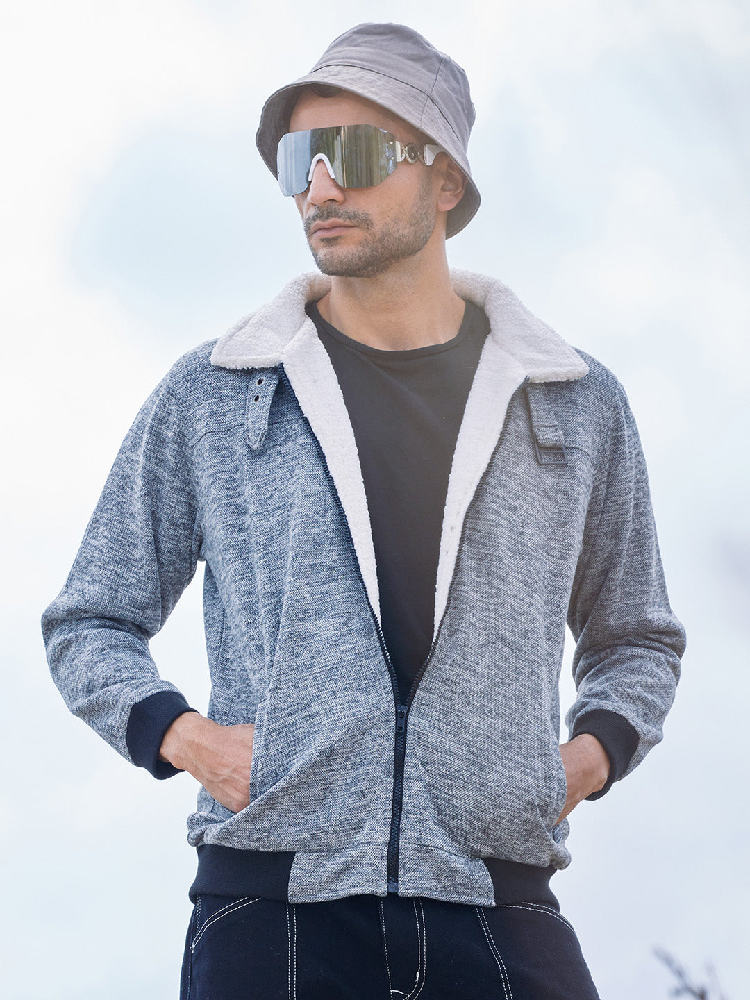 Campus Sutra Heathered Jacket With Fleece Detail