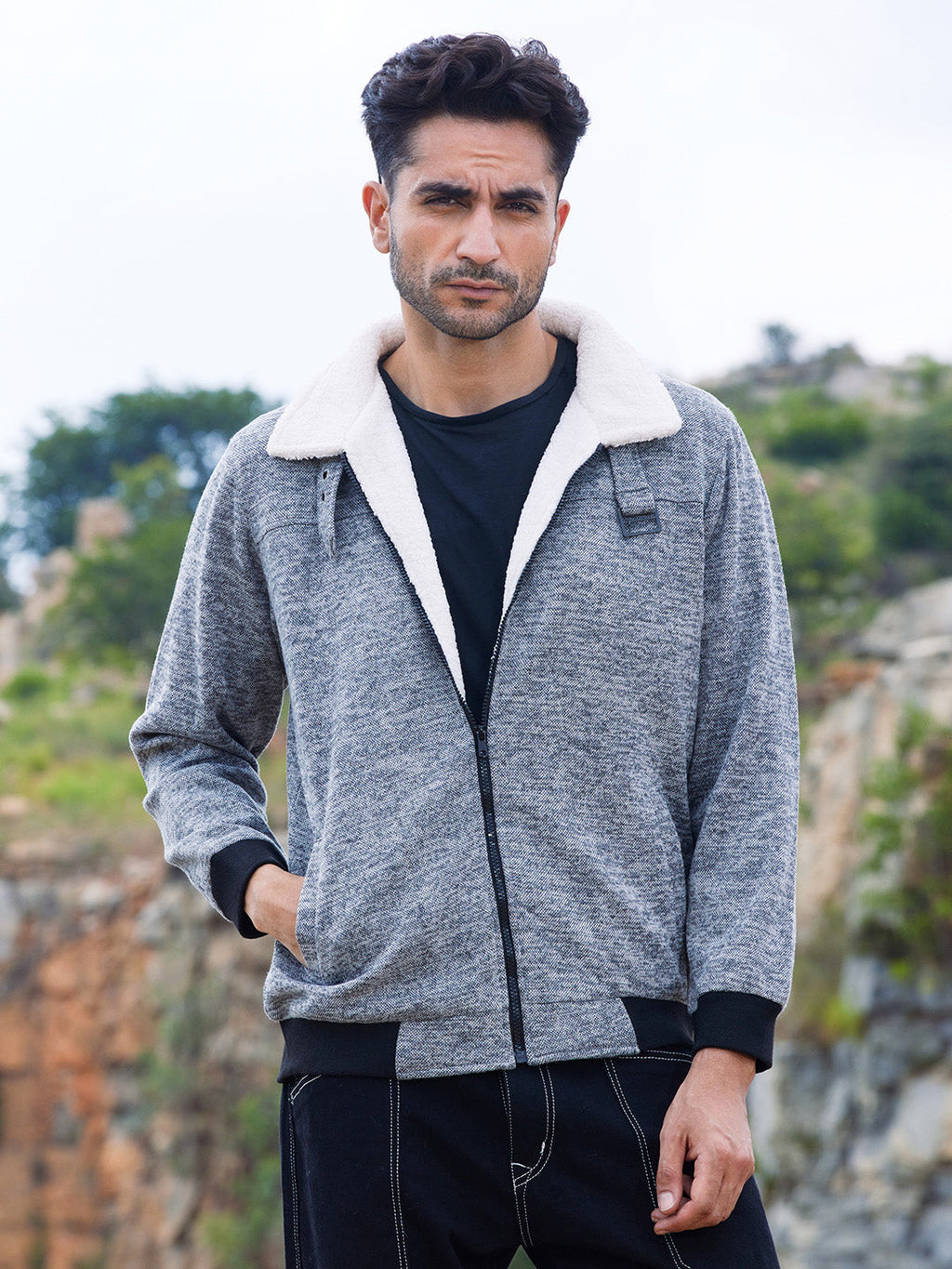 Campus Sutra Heathered Jacket With Fleece Detail