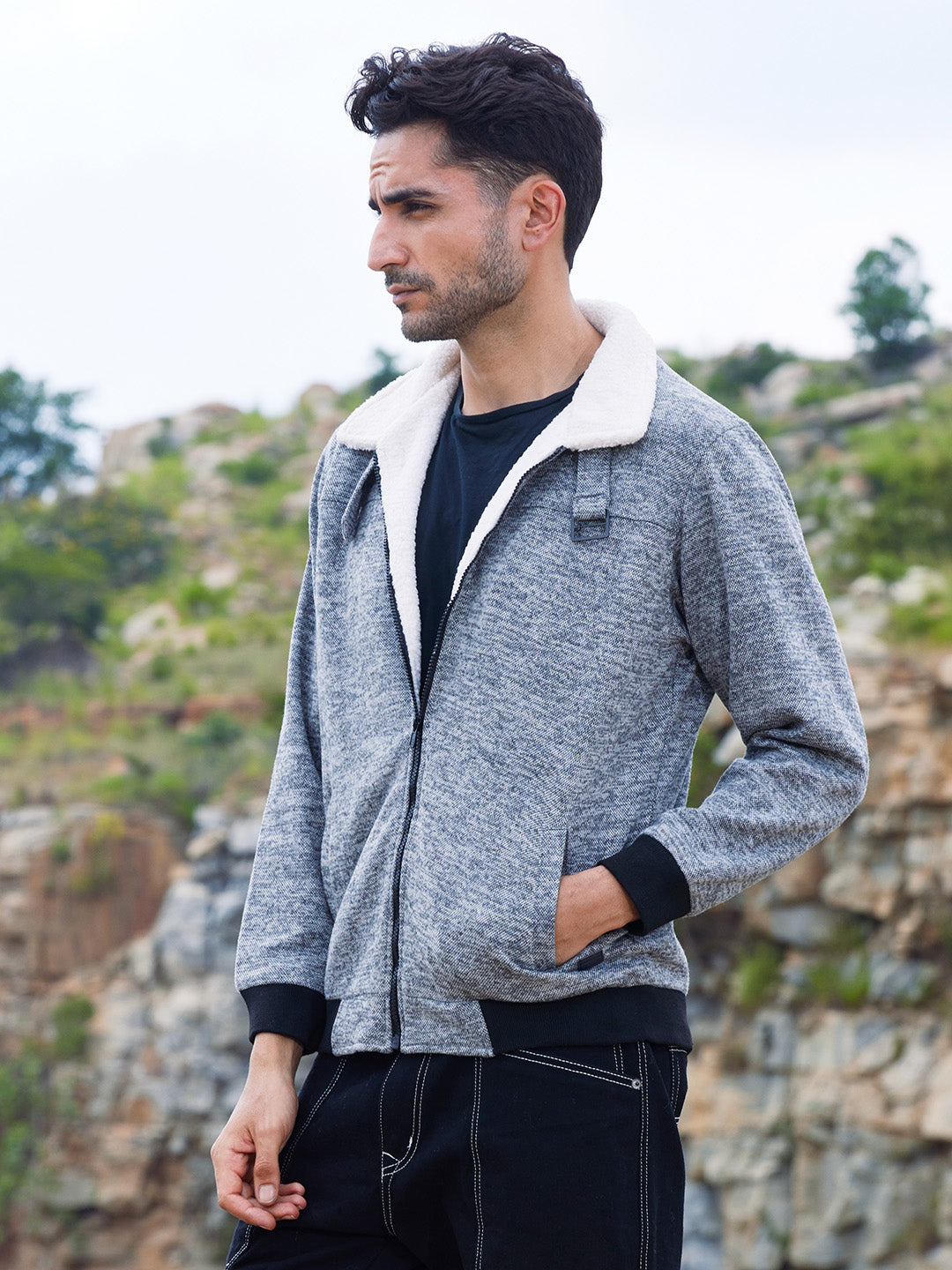 Campus Sutra Heathered Jacket With Fleece Detail