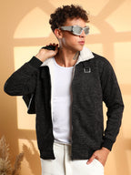 Campus Sutra Heathered Jacket With Fleece Detail