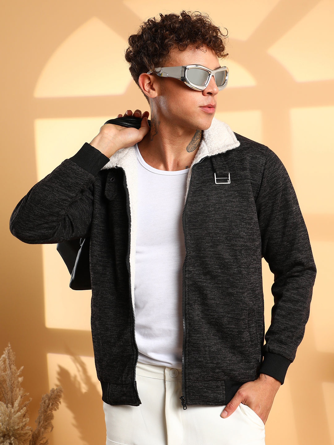 Campus Sutra Heathered Jacket With Fleece Detail