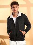 Campus Sutra Heathered Jacket With Fleece Detail