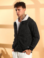 Campus Sutra Heathered Jacket With Fleece Detail