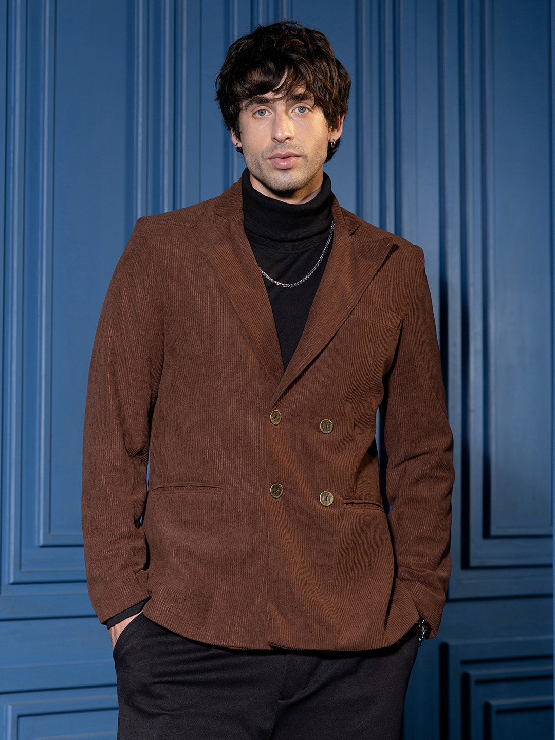 Campus Sutra Double-Breasted Corduroy Blazer