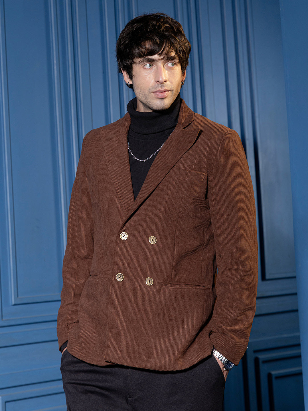 Campus Sutra Double-Breasted Corduroy Blazer