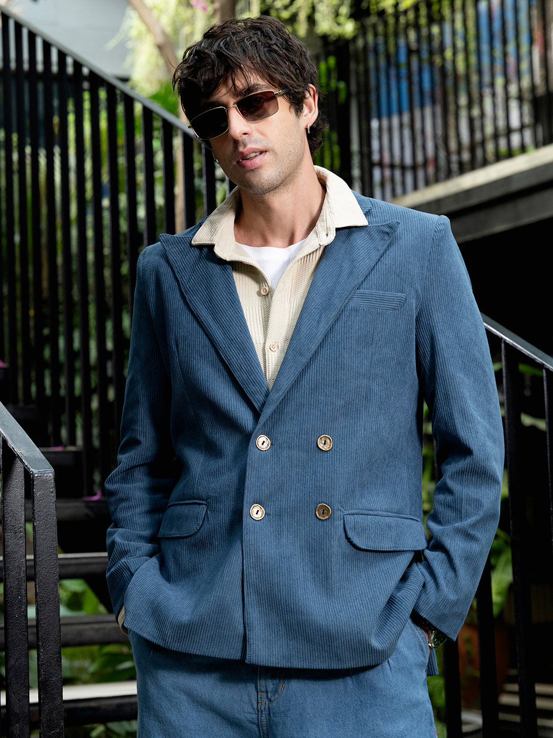 Campus Sutra Double-Breasted Corduroy Blazer
