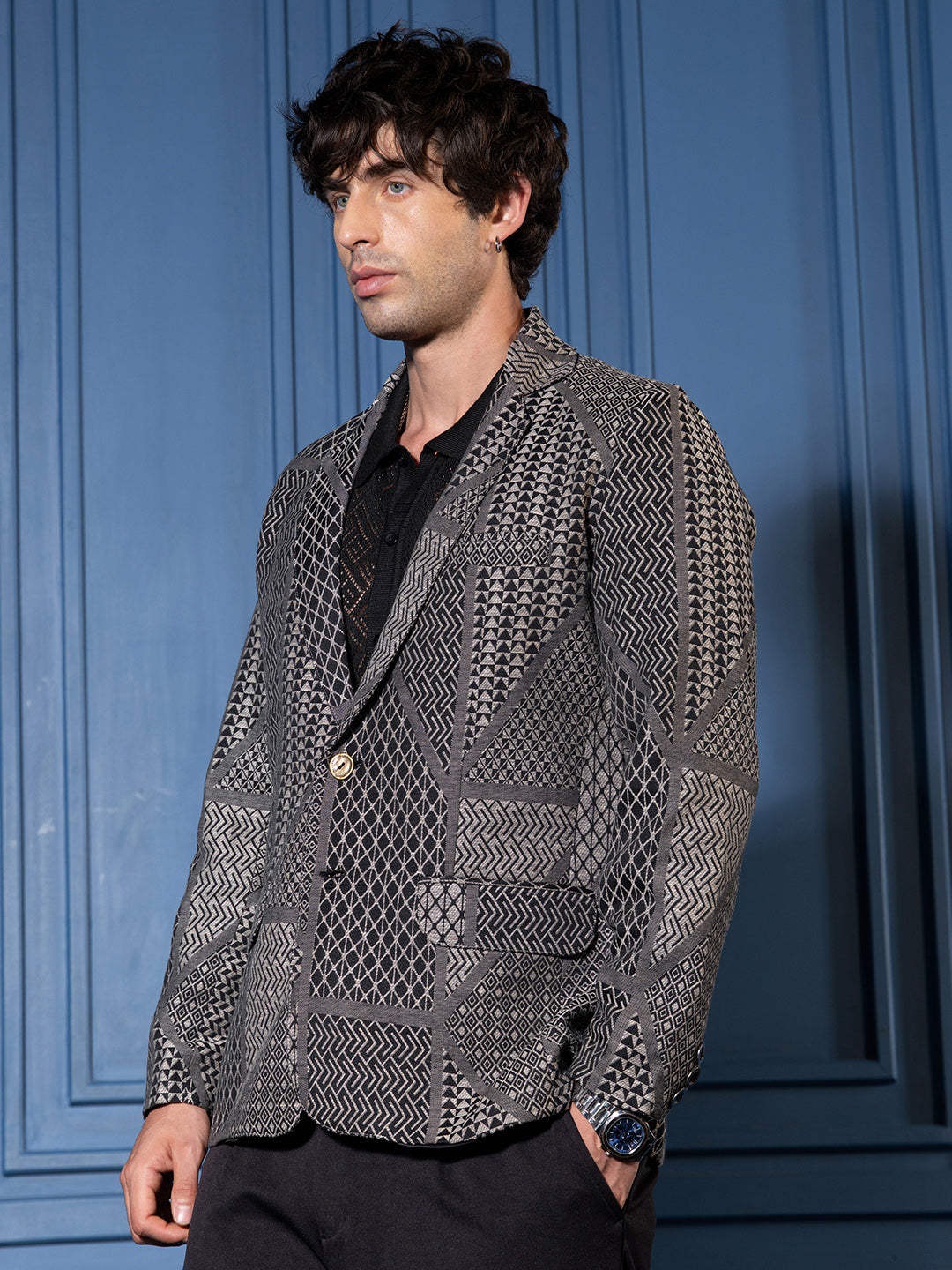Campus Sutra Tailored Geometric-Block Jacquard Blazer