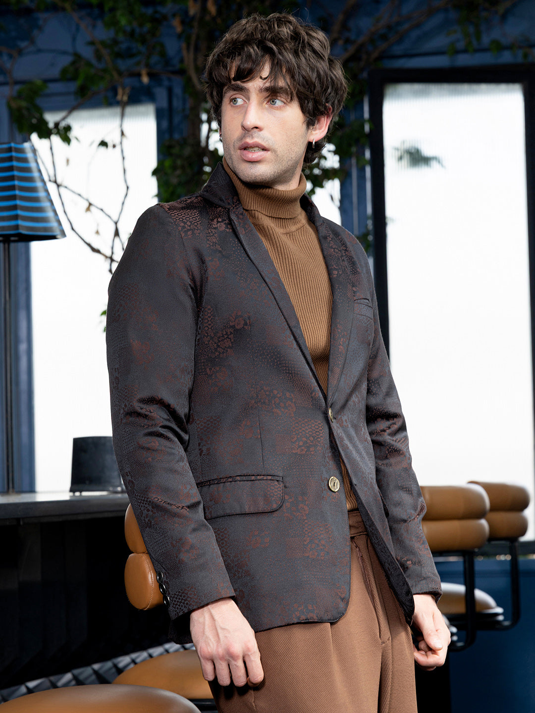 Campus Sutra Tailored Flora-Block Jacquard Blazer
