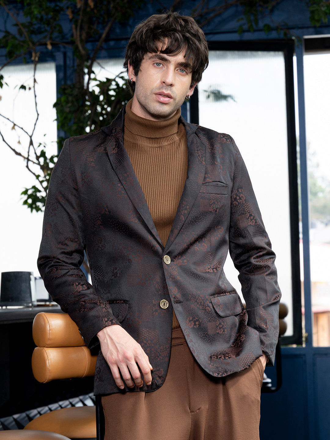 Campus Sutra Tailored Flora-Block Jacquard Blazer