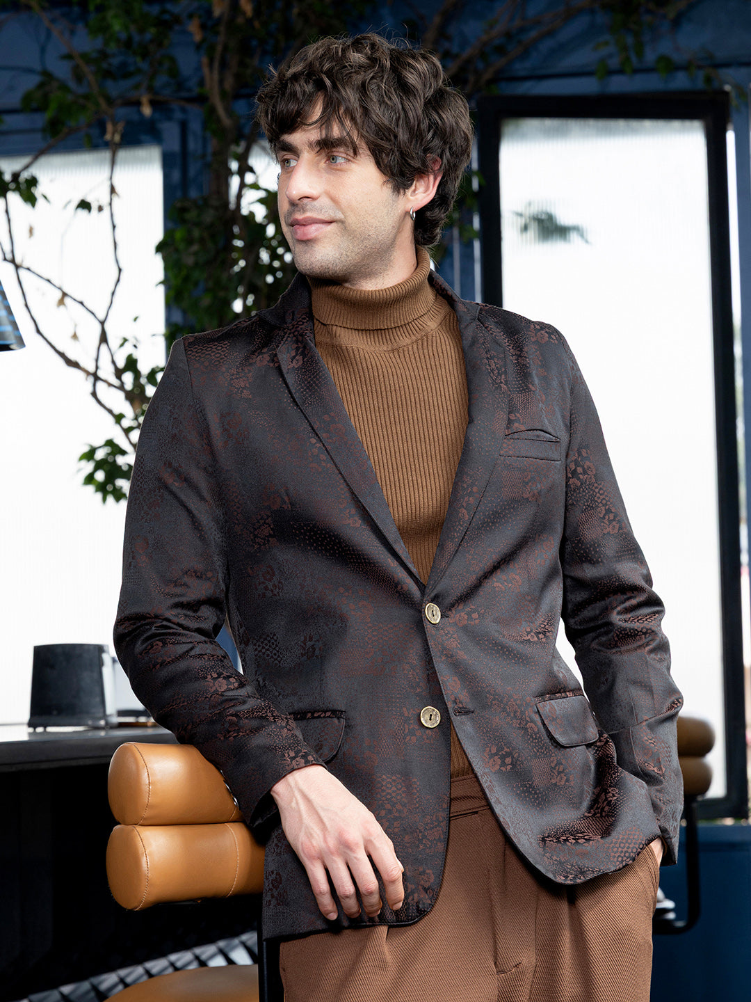Campus Sutra Tailored Flora-Block Jacquard Blazer