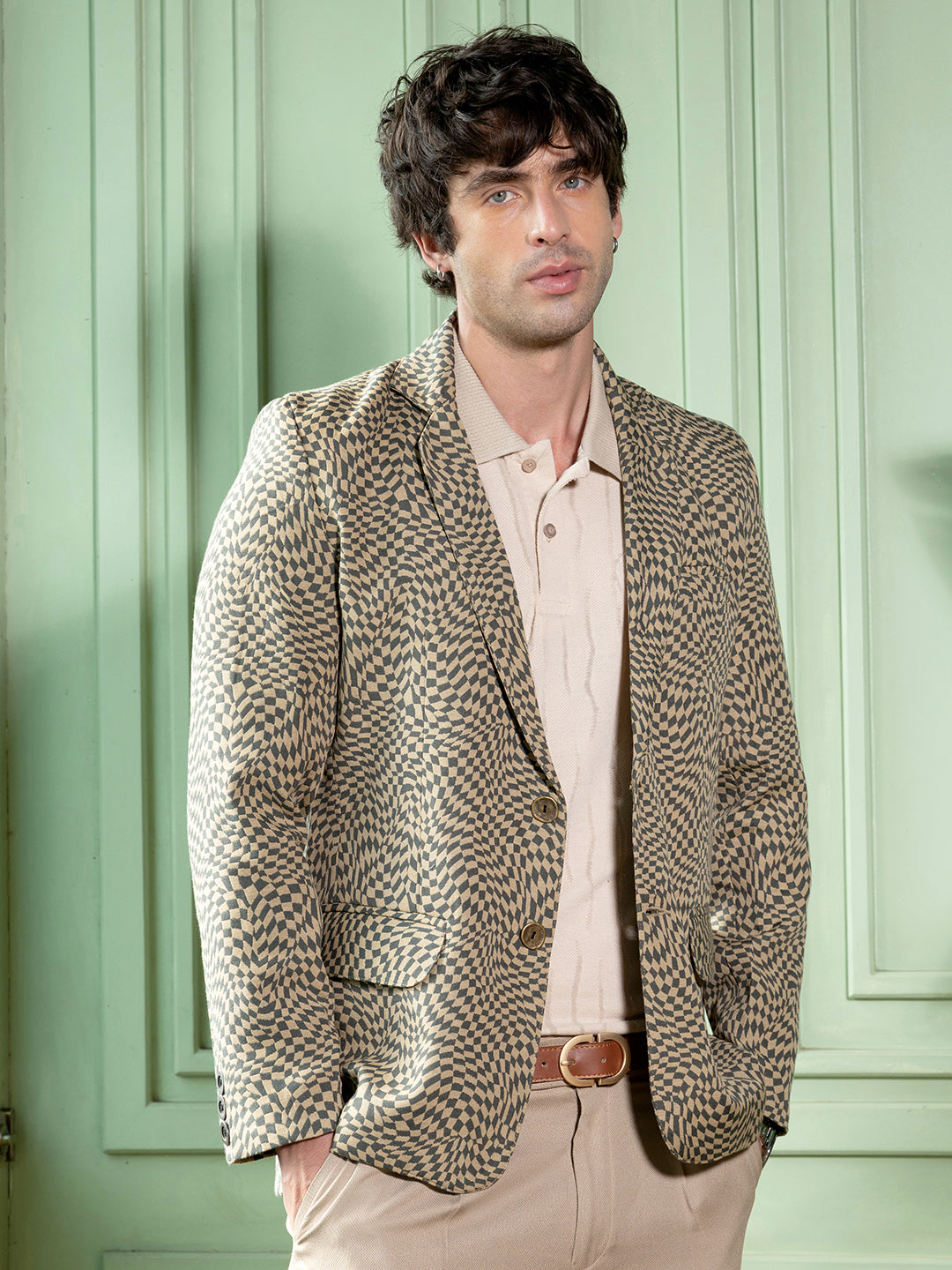 Campus Sutra Tailored Curved-Check Jacquard Blazer
