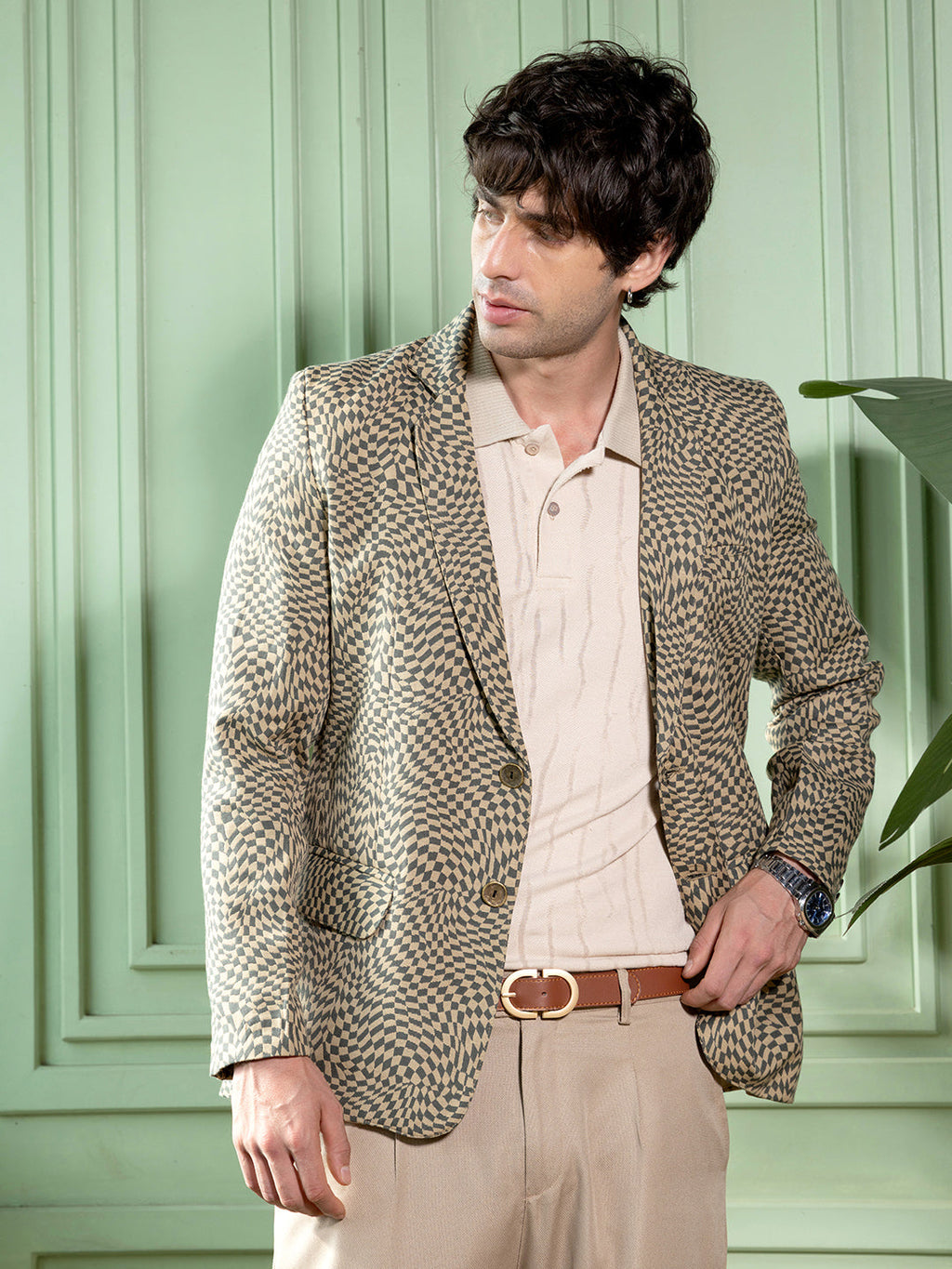 Campus Sutra Tailored Curved-Check Jacquard Blazer