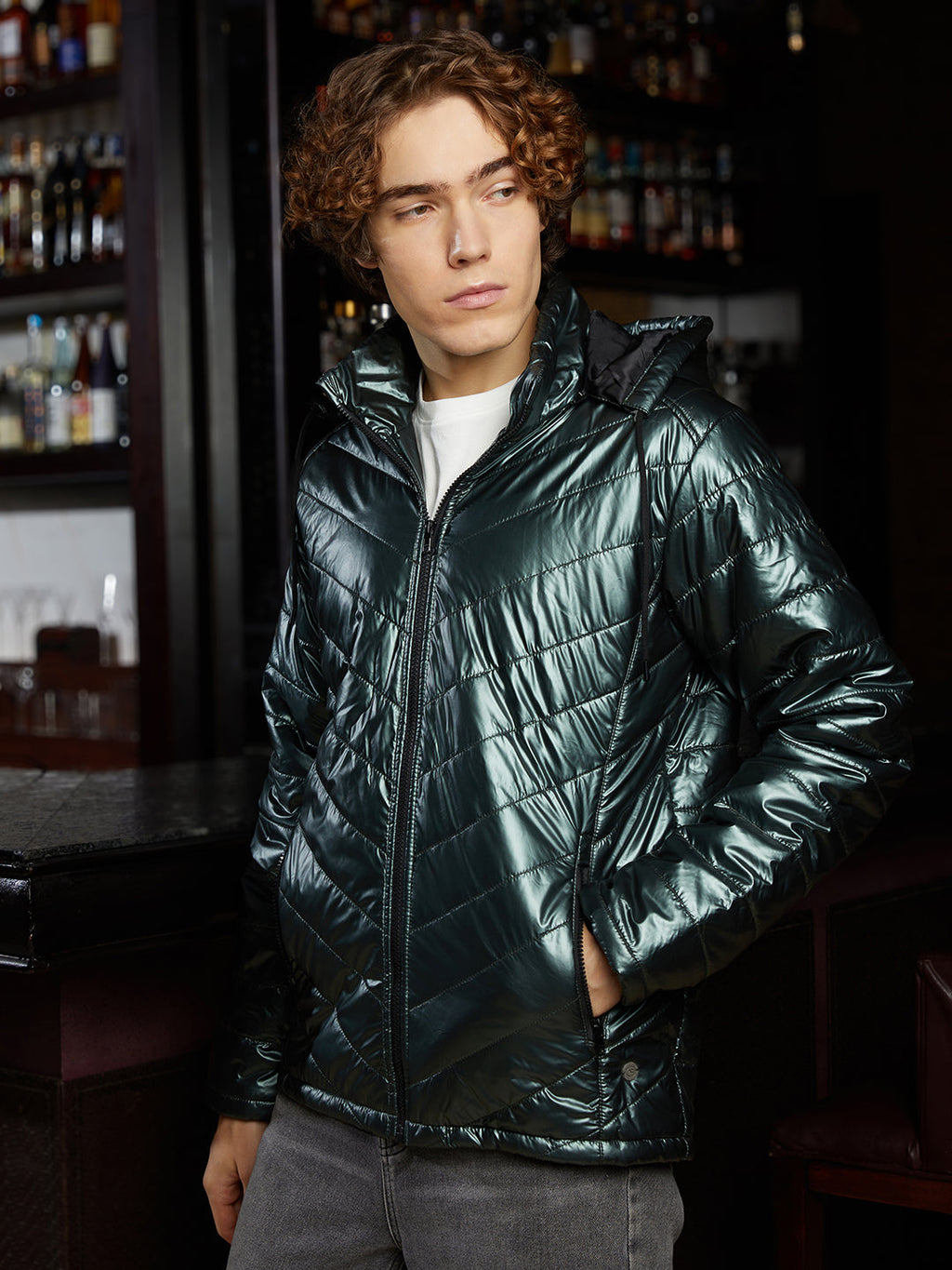 Campus Sutra Metallic Zip-Front Quilted Jacket