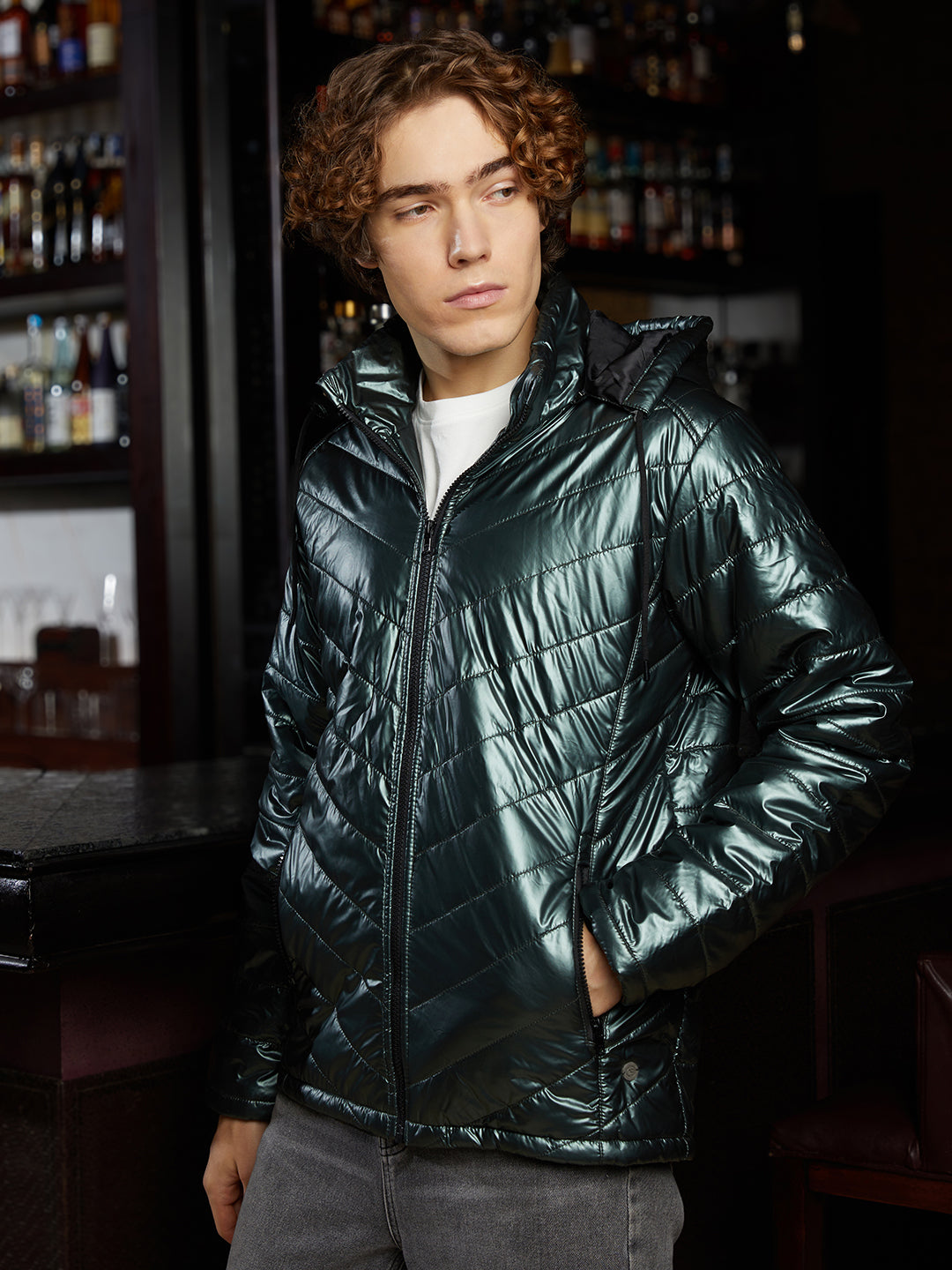 Campus Sutra Metallic Zip-Front Quilted Jacket
