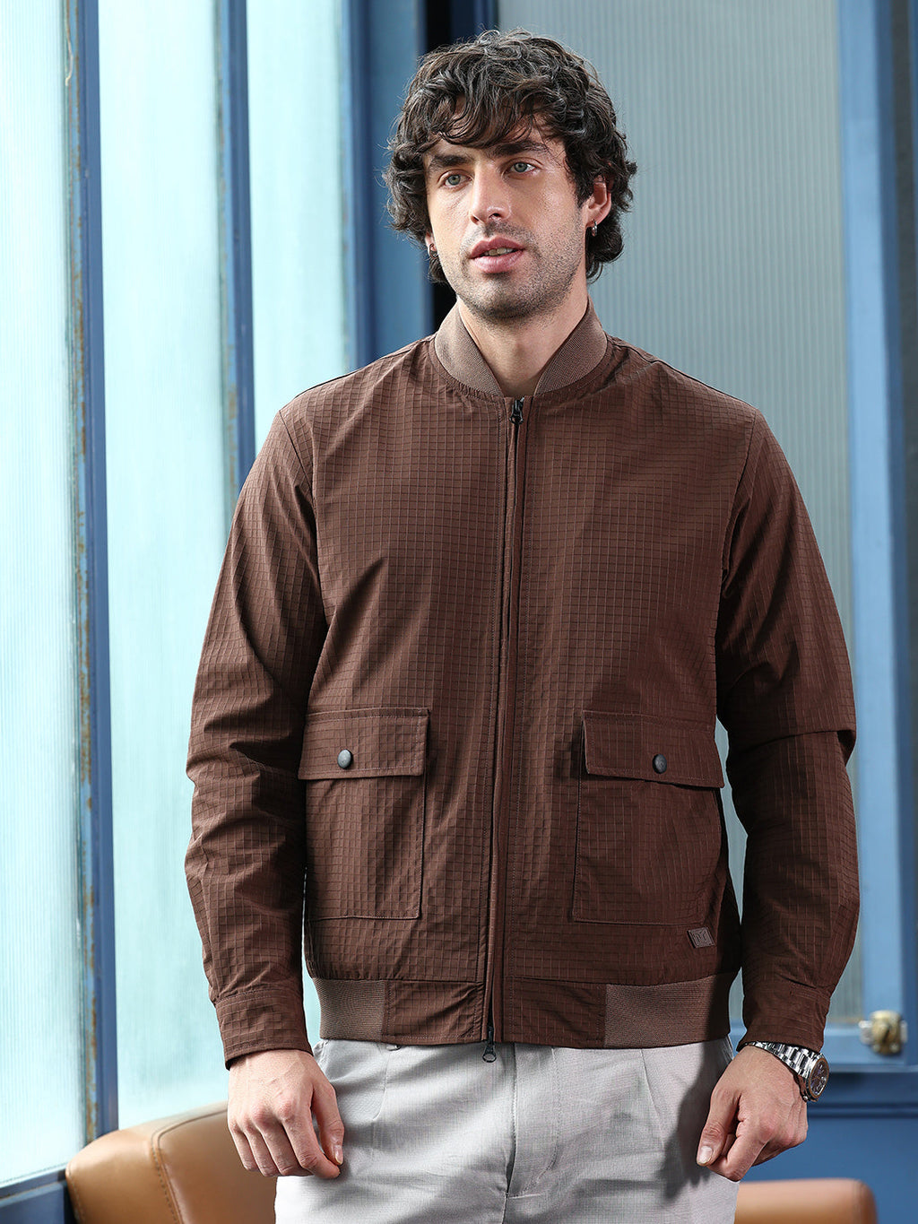 Campus Sutra Zip-Front Waffle Bomber Jacket