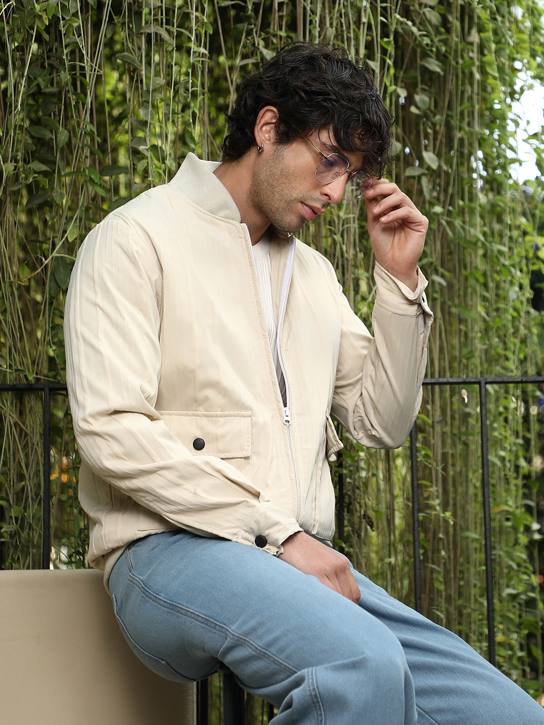 Campus Sutra Zip-Front Stripe-Tactile Bomber Jacket