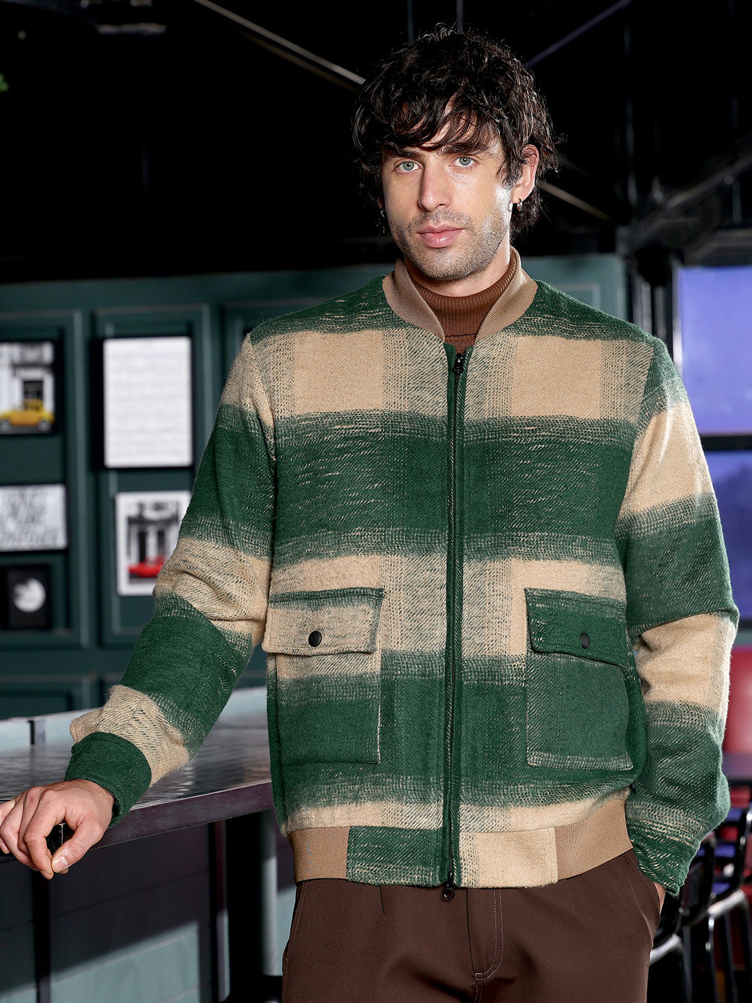 Campus Sutra Zip-Front Buffalo Bomber Jacket