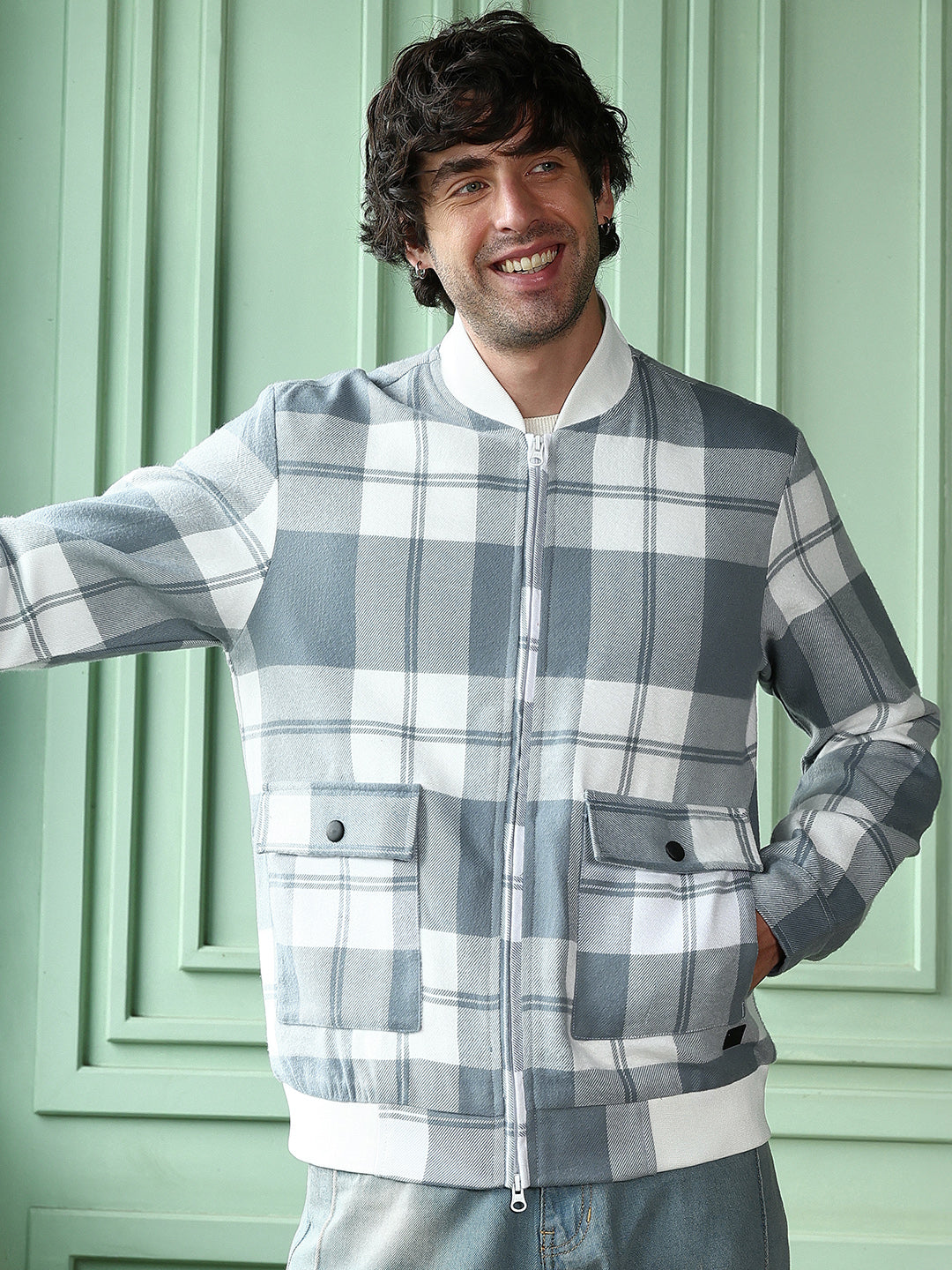 Campus Sutra Zip-Front Tartan Bomber Jacket