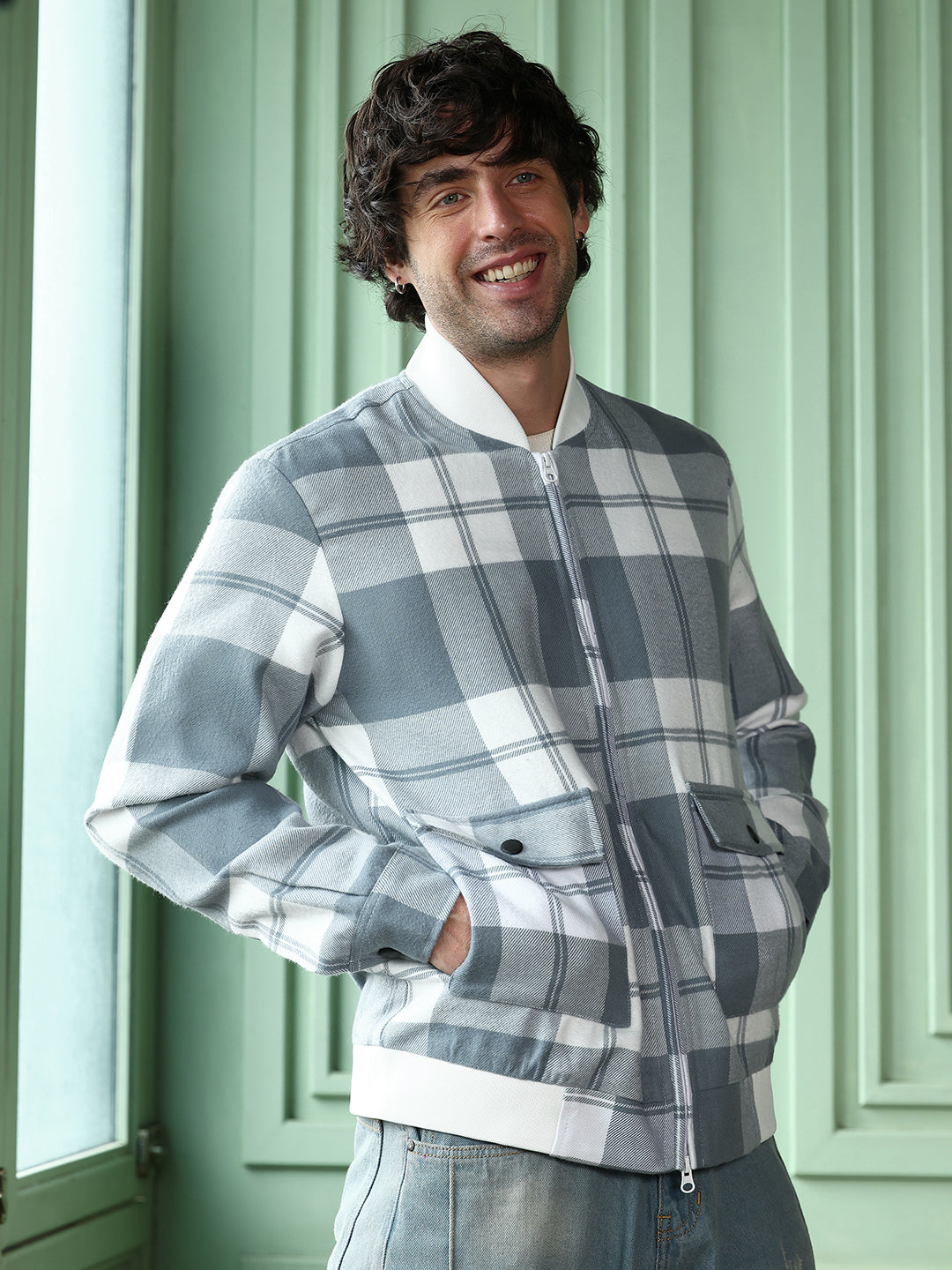 Campus Sutra Zip-Front Tartan Bomber Jacket