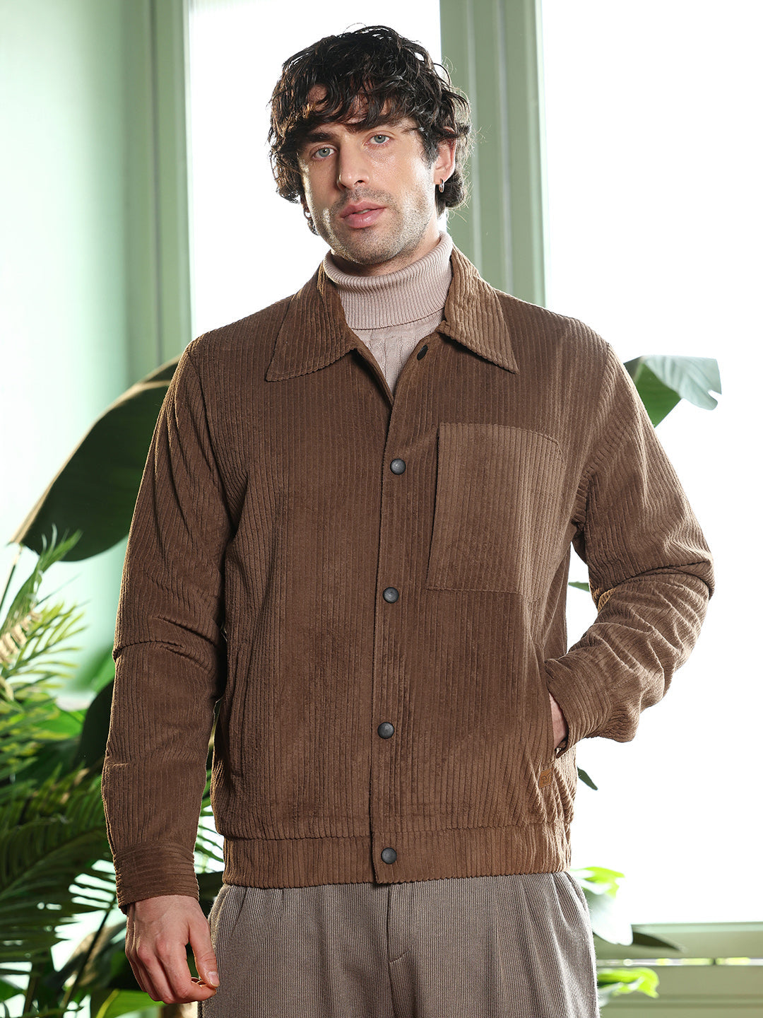 Campus Sutra Solid-Corduroy Utility Bomber Jacket