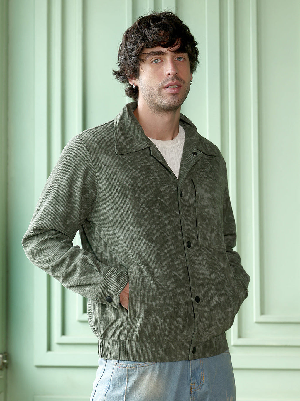 Campus Sutra Faded-Corduroy Utility Bomber Jacket
