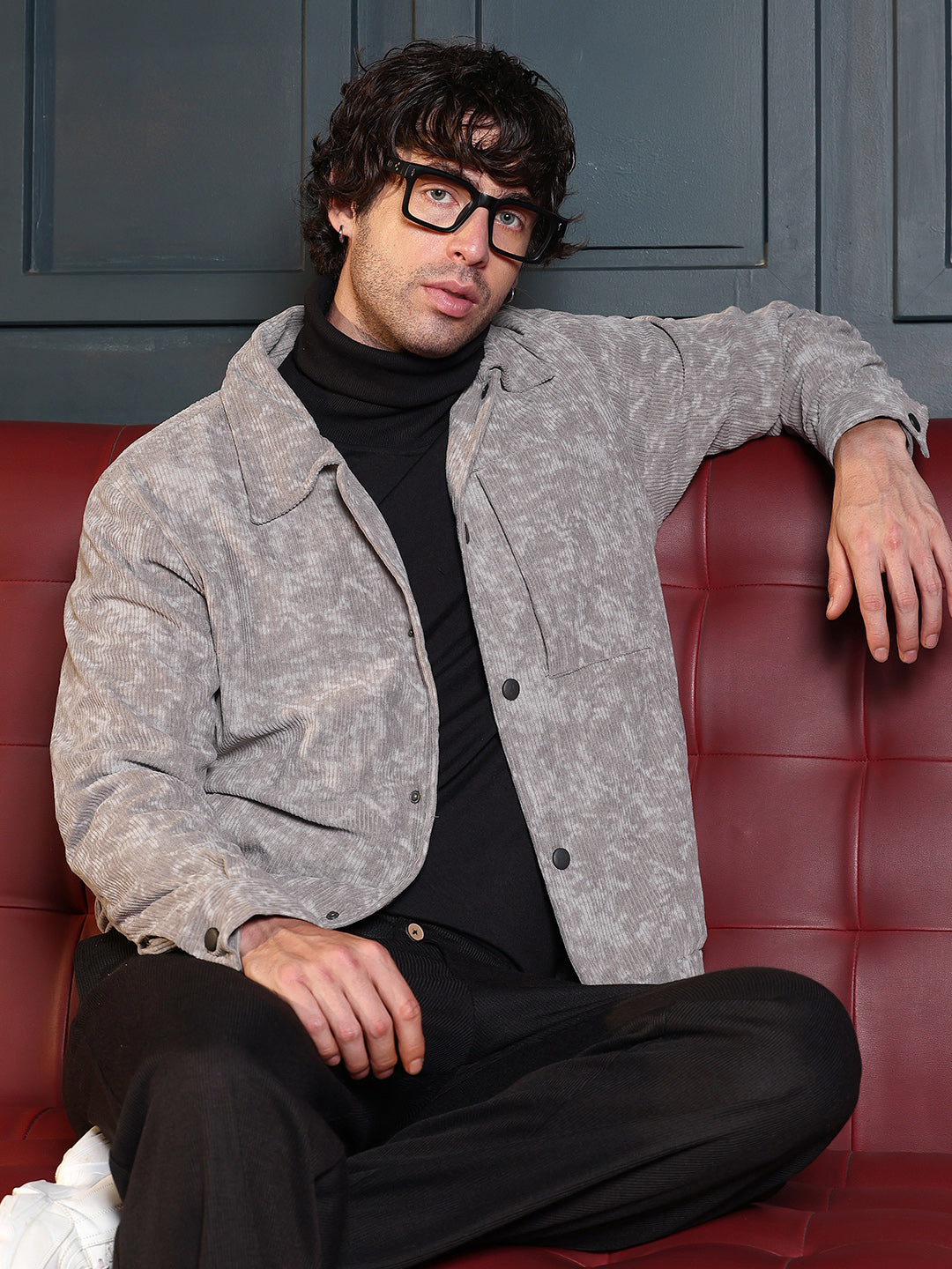 Campus Sutra Faded-Corduroy Utility Bomber Jacket