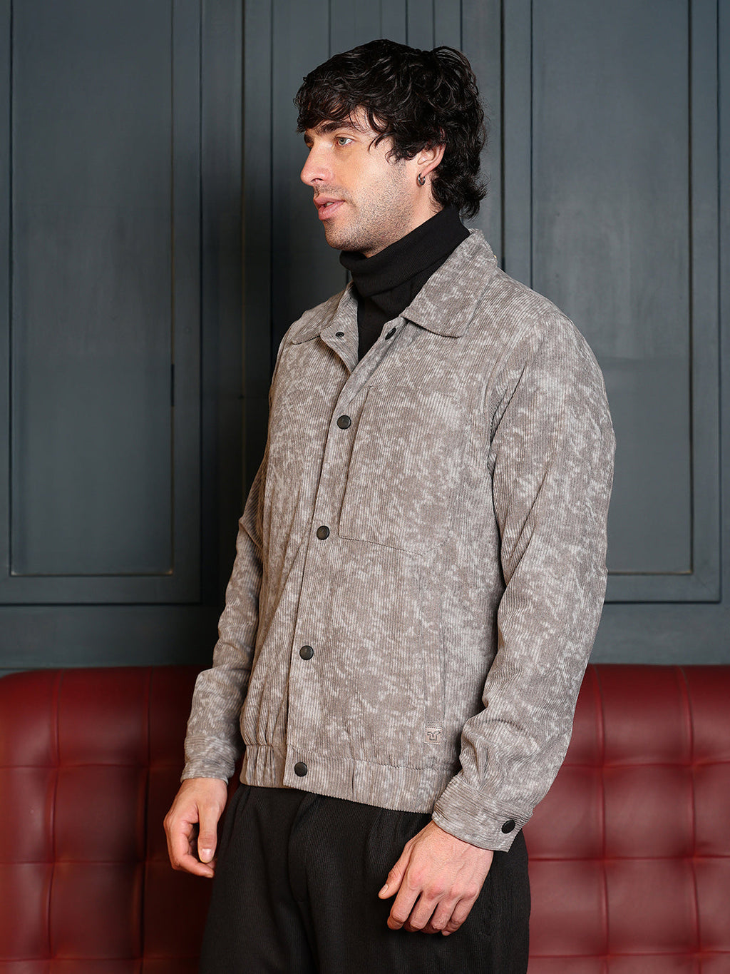 Campus Sutra Faded-Corduroy Utility Bomber Jacket