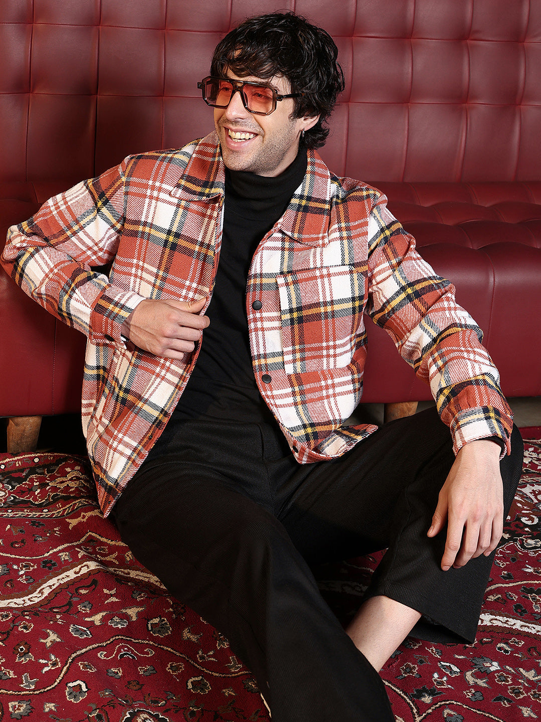 Campus Sutra Twill-Plaid Utility Bomber Jacket