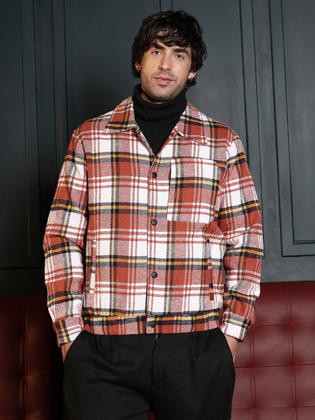 Campus Sutra Twill-Plaid Utility Bomber Jacket