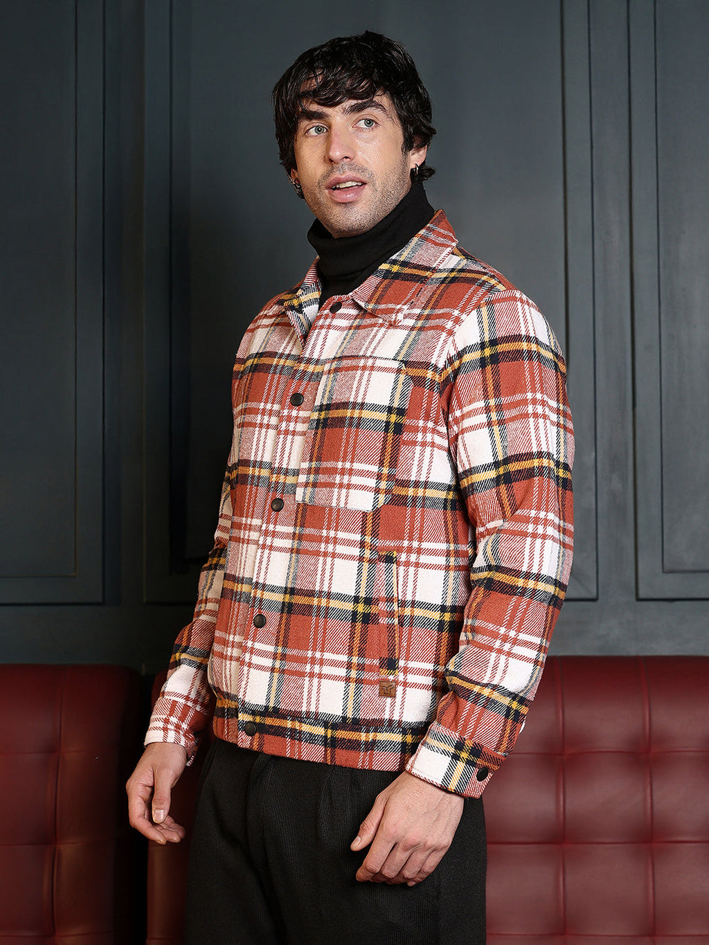 Campus Sutra Twill-Plaid Utility Bomber Jacket