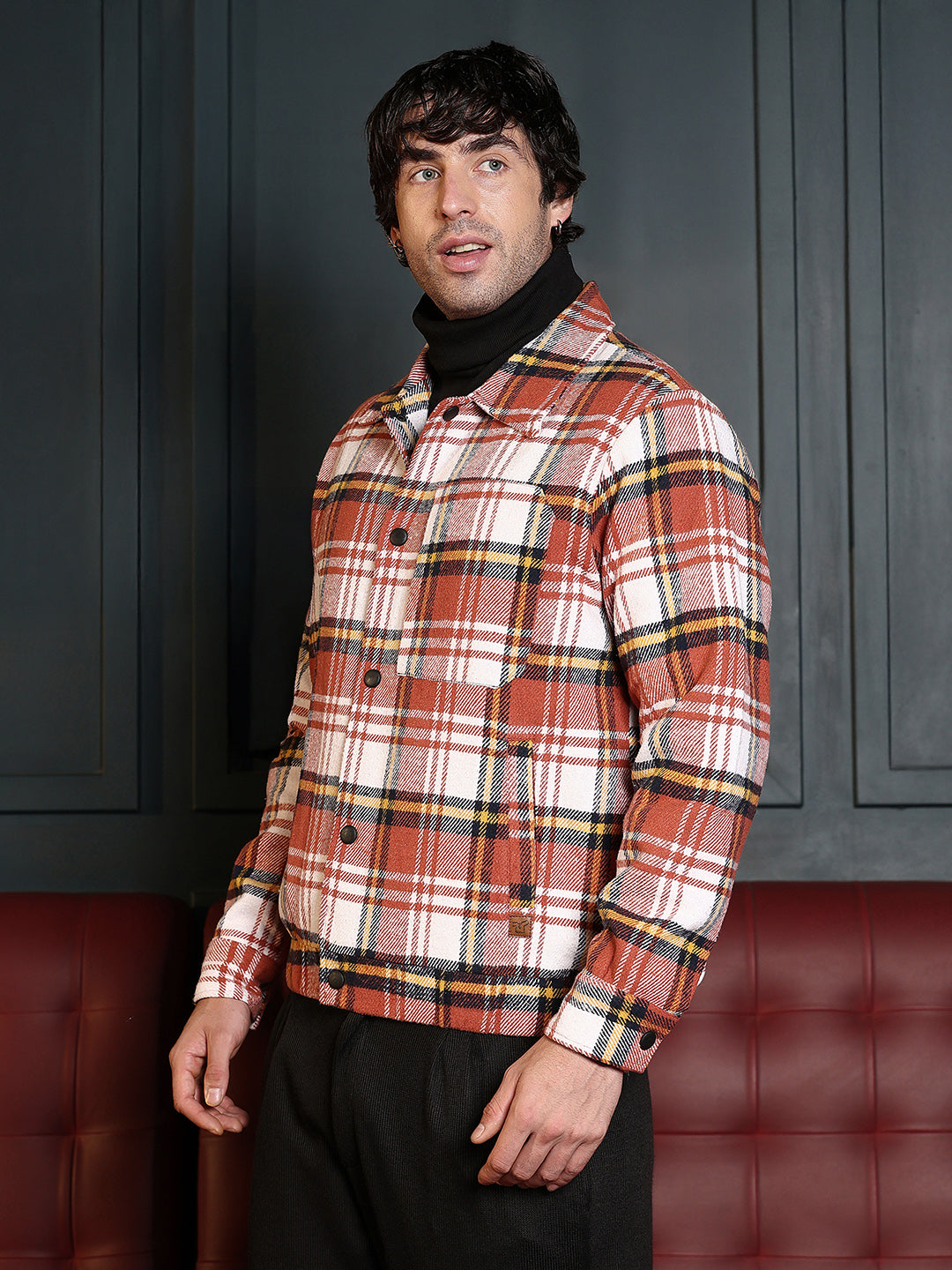 Campus Sutra Twill-Plaid Utility Bomber Jacket