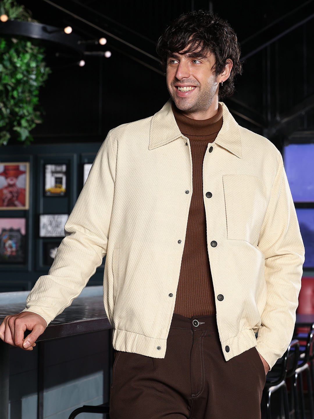 Campus Sutra Lined-Jacquard Utility Bomber Jacket